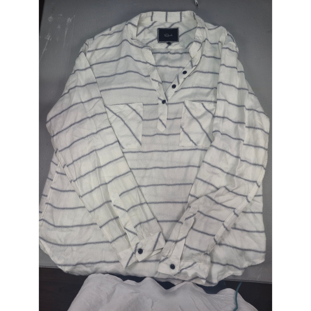 Rails White Blue Striped Herringbone Roll Tab Sleeve Tunic Blouse Large
